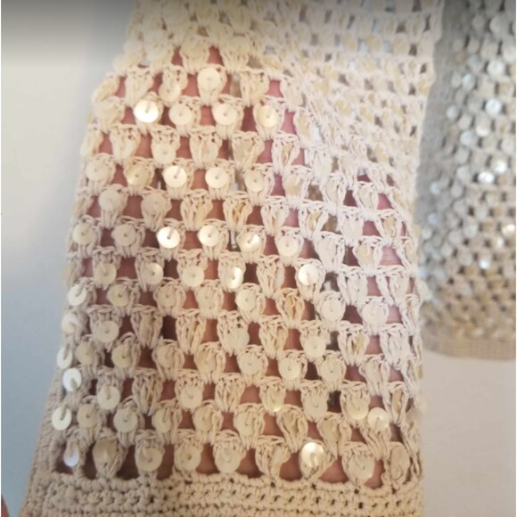 Sigrid Olsen Blouse Cream Beige Party Women's Sequins Hand Knitted Top M - Picture 10 of 12